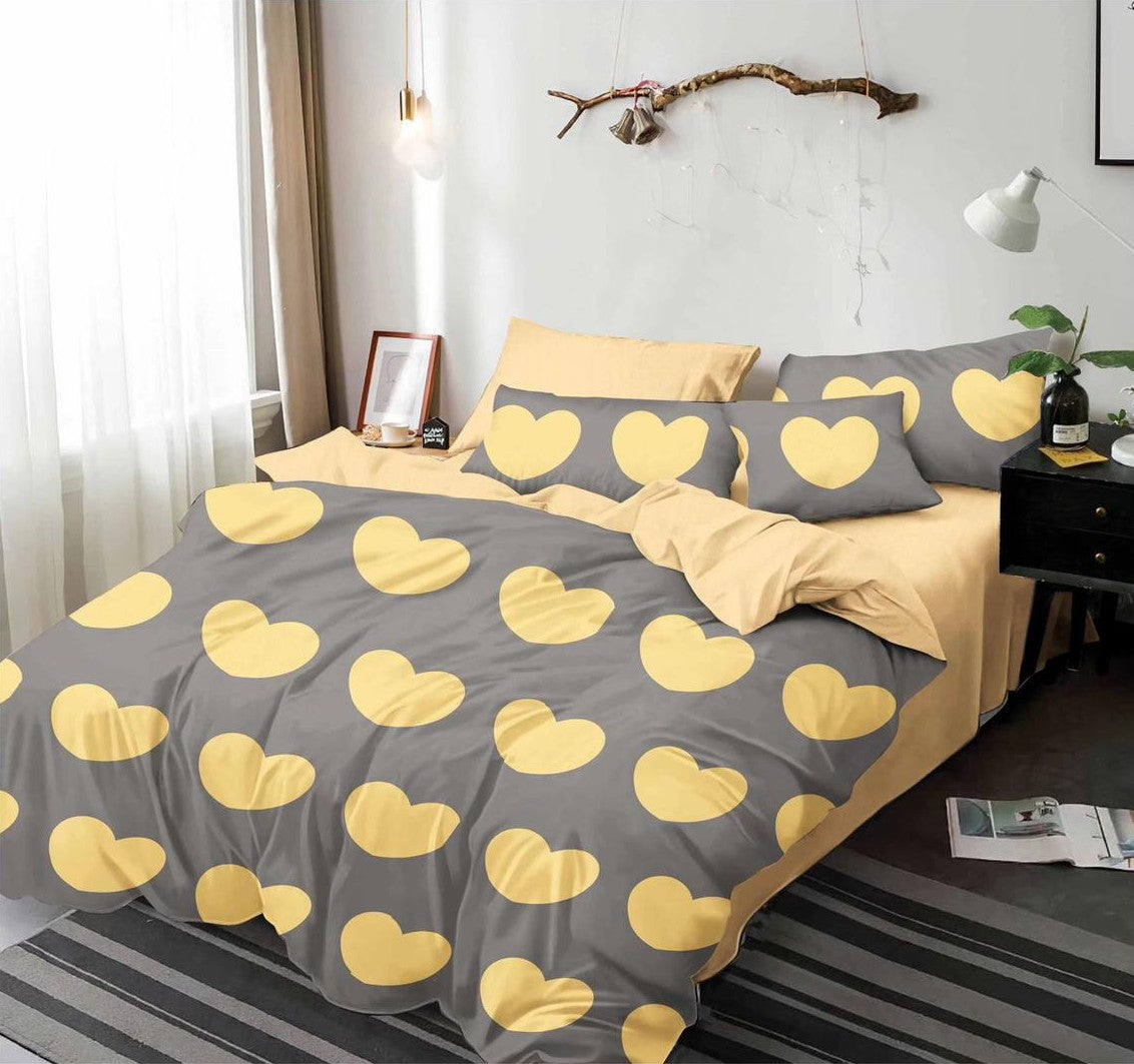 Lenjerie de pat dublu 6 piese bumbac finet - Inimi galbene