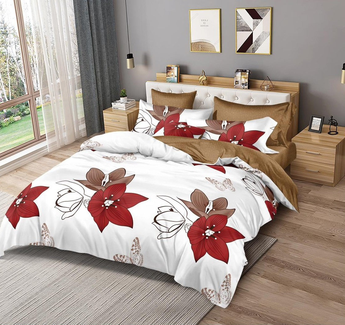 Lenjerie de pat dublu 6 piese bumbac finet - Flori traditionale