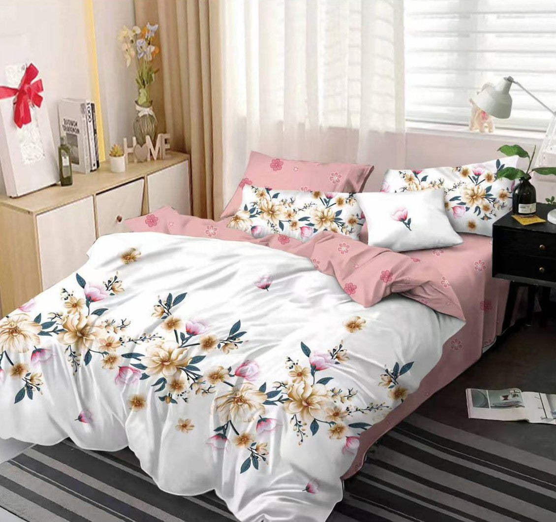 Lenjerie de pat dublu 6 piese bumbac finet - Flori multicolore pastelate