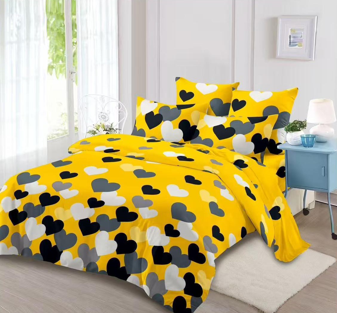 Lenjerie de pat dublu 6 piese bumbac finet - Inimi negre pe fundal galben