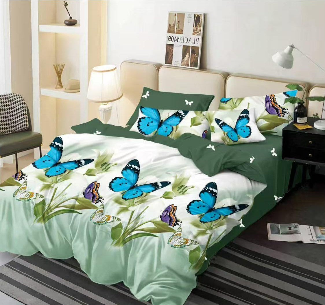 Lenjerie de pat dublu 6 piese bumbac finet - Fluturi in tonuri de verde