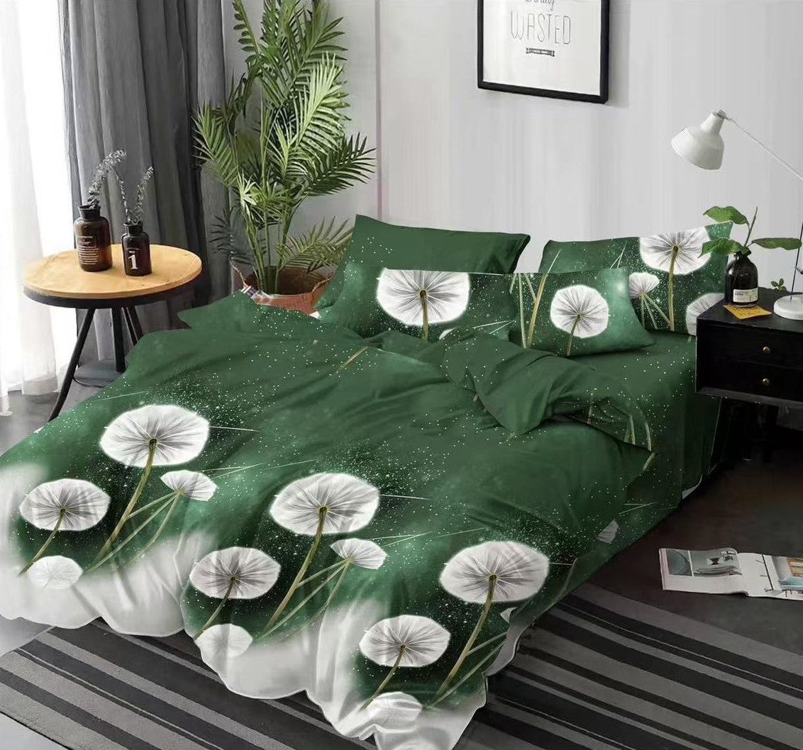 Lenjerie de pat dublu 6 piese bumbac finet - Verde cu flori albe de camp