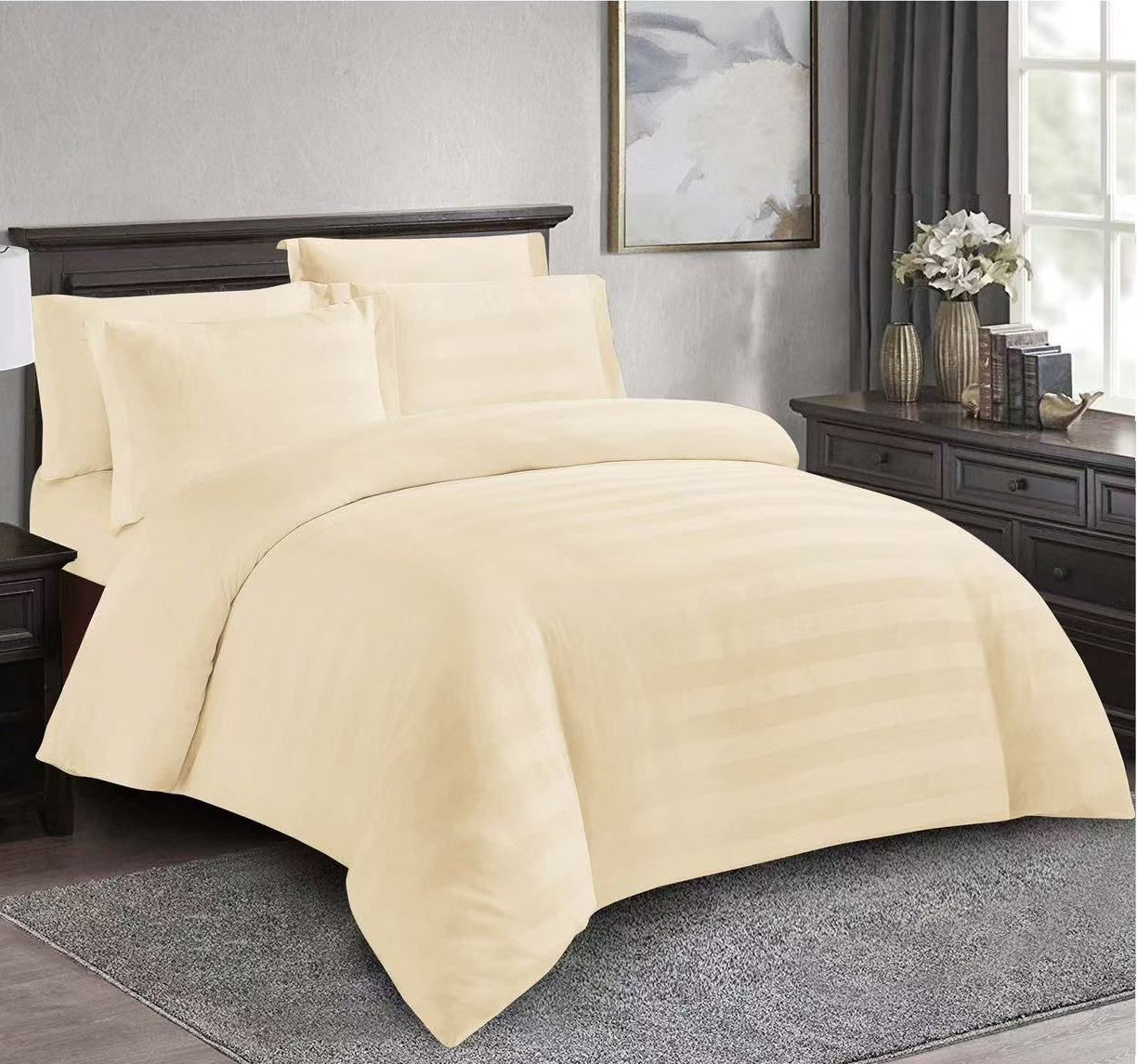 Lenjerie pat Damasc premium, Alb galbui ,  6 piese