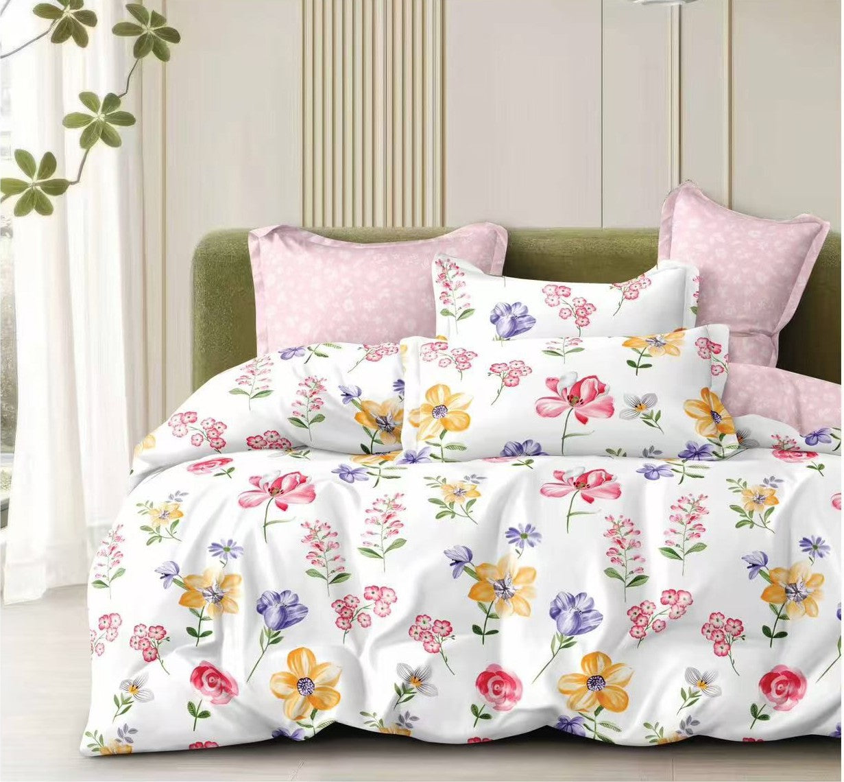 Lenjerie pat 4 piese din bumbac satinat 100% - Flori colorate