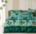 Lenjerie pat 4 piese din bumbac satinat 100% - Verde fluturi colorati