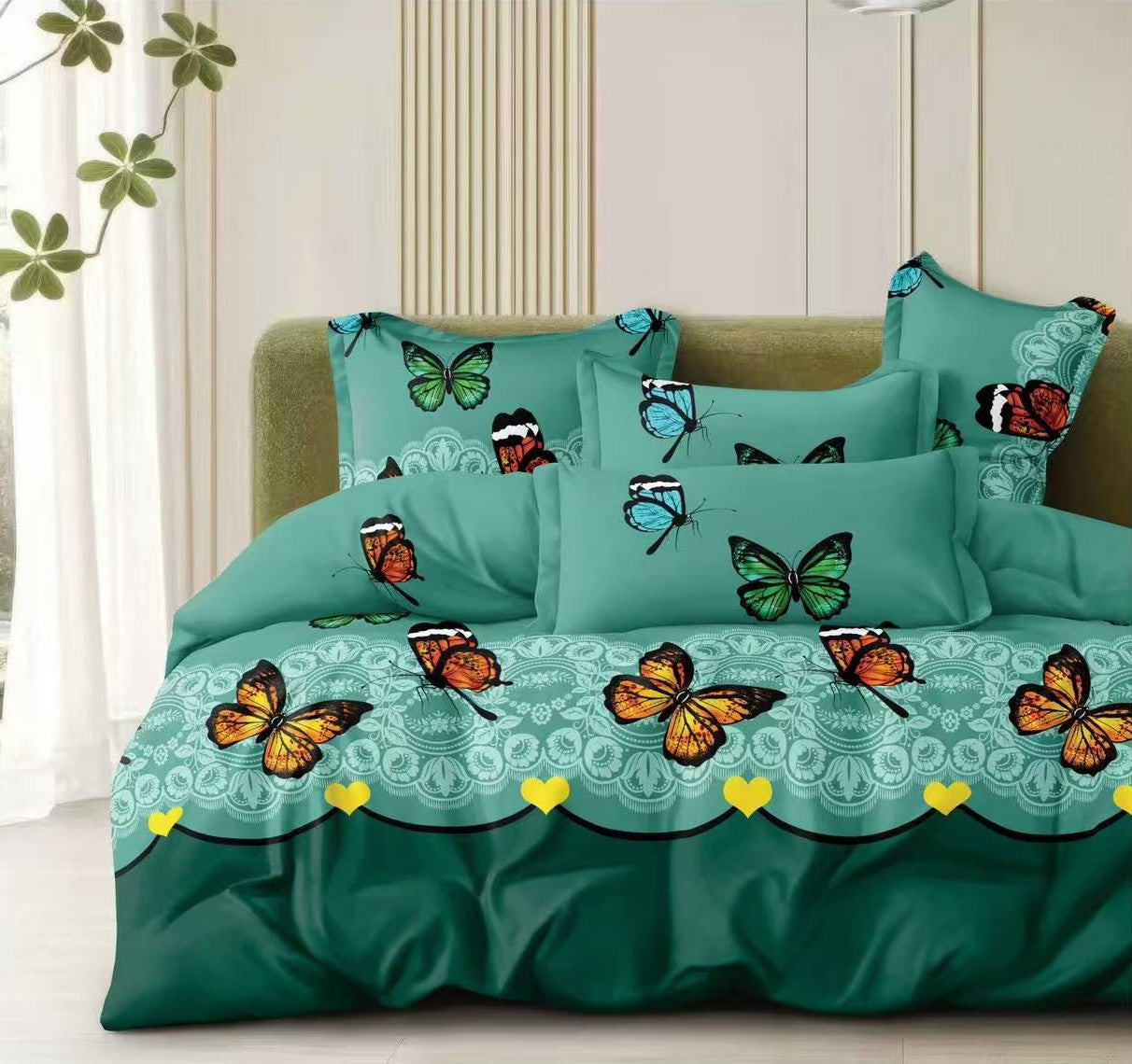 Lenjerie pat 4 piese din bumbac satinat 100% - Verde fluturi colorati