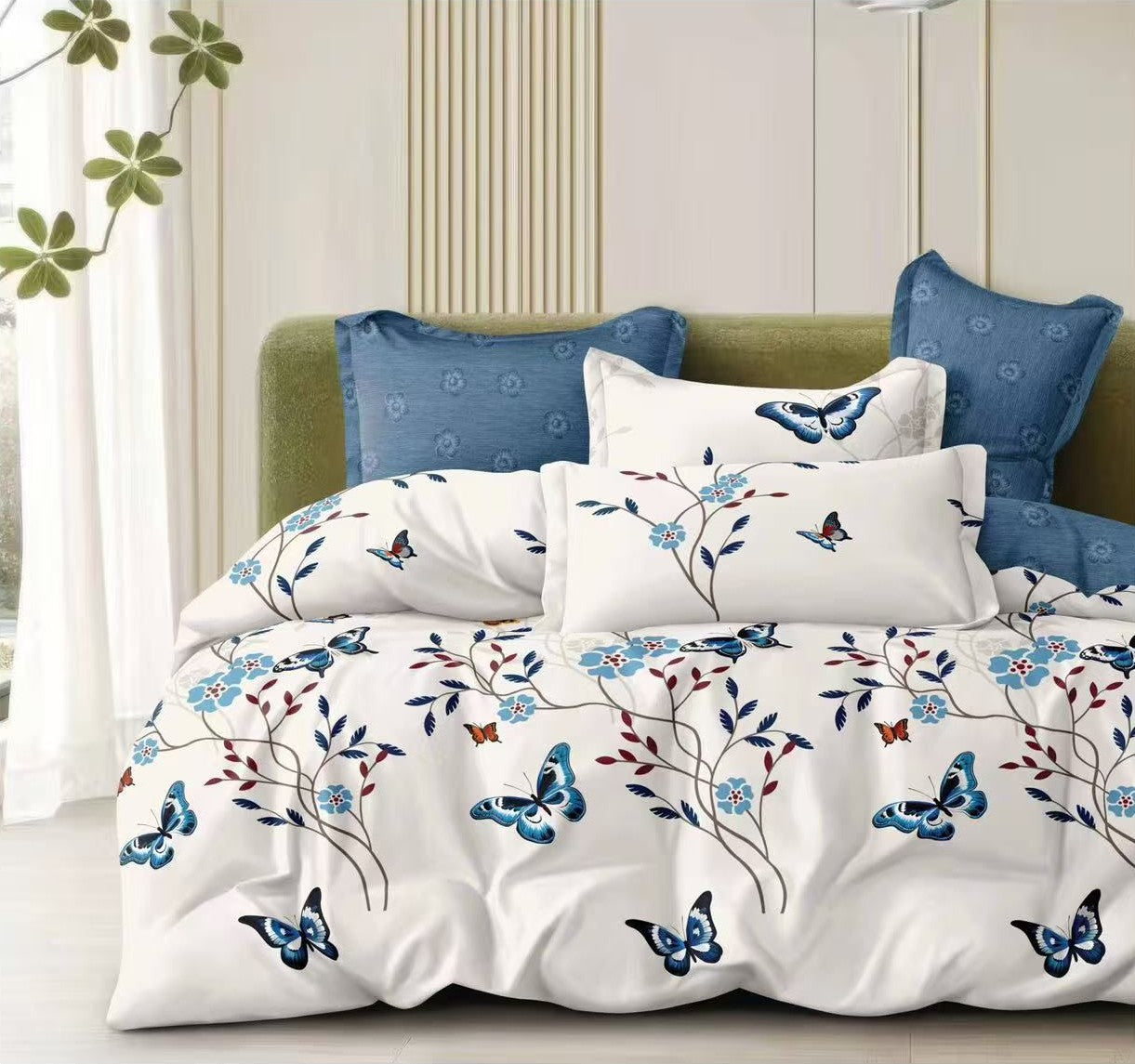 Lenjerie pat 4 piese din bumbac satinat 100% - Fluturi Baby Blue