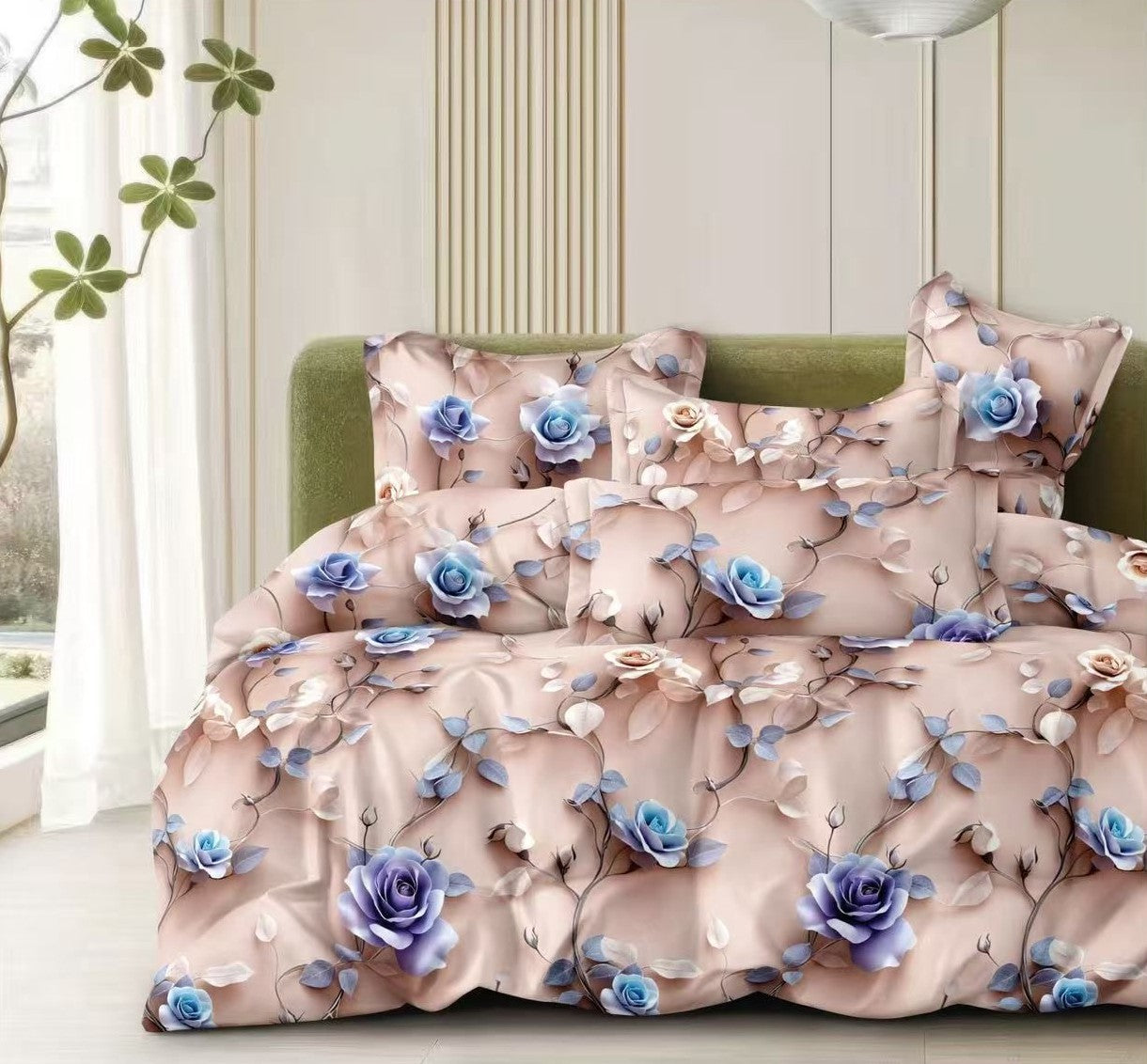 Lenjerie pat 4 piese din bumbac satinat 100% - Trandafiri baby blue