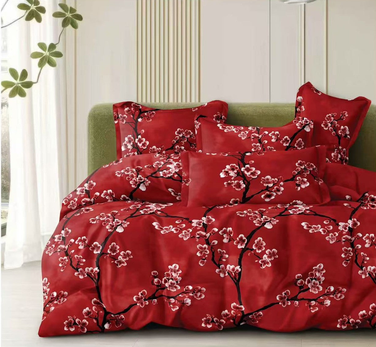Lenjerie pat 4 piese din bumbac satinat 100% - Flori rosii