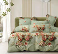 Lenjerie pat 4 piese din bumbac satinat 100% - Verde cu fluturi 3D