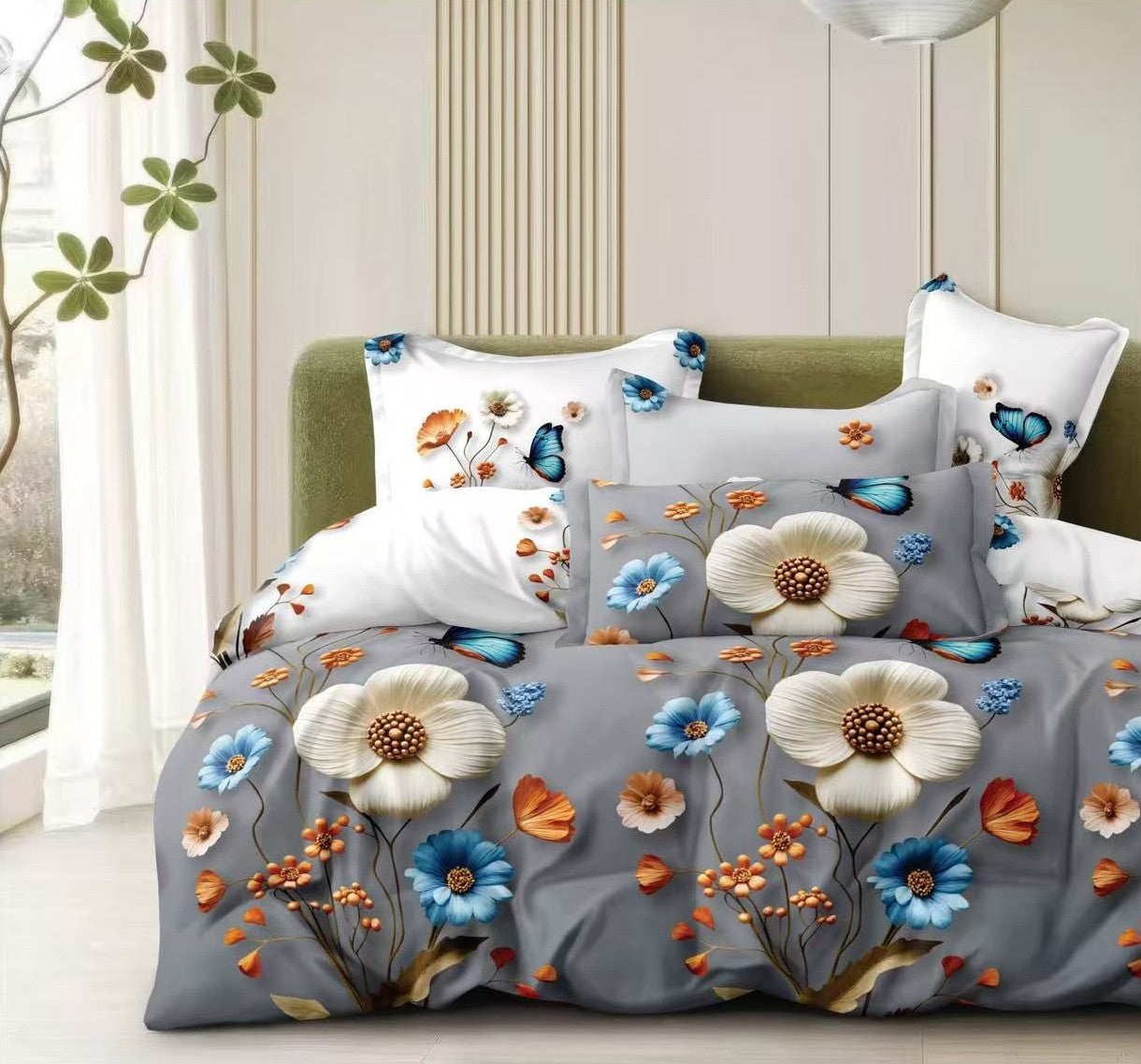 Lenjerie pat 4 piese din bumbac satinat 100% - Flori 3D